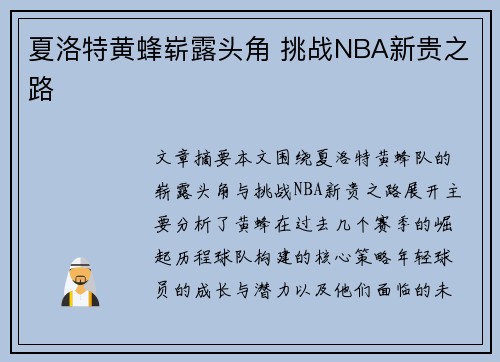 夏洛特黄蜂崭露头角 挑战NBA新贵之路