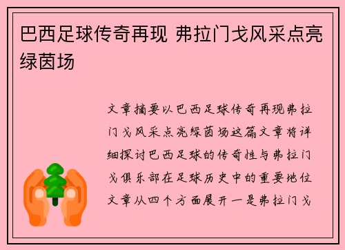 巴西足球传奇再现 弗拉门戈风采点亮绿茵场