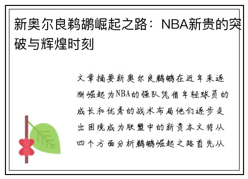 新奥尔良鹈鹕崛起之路：NBA新贵的突破与辉煌时刻