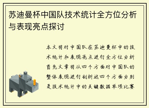 苏迪曼杯中国队技术统计全方位分析与表现亮点探讨